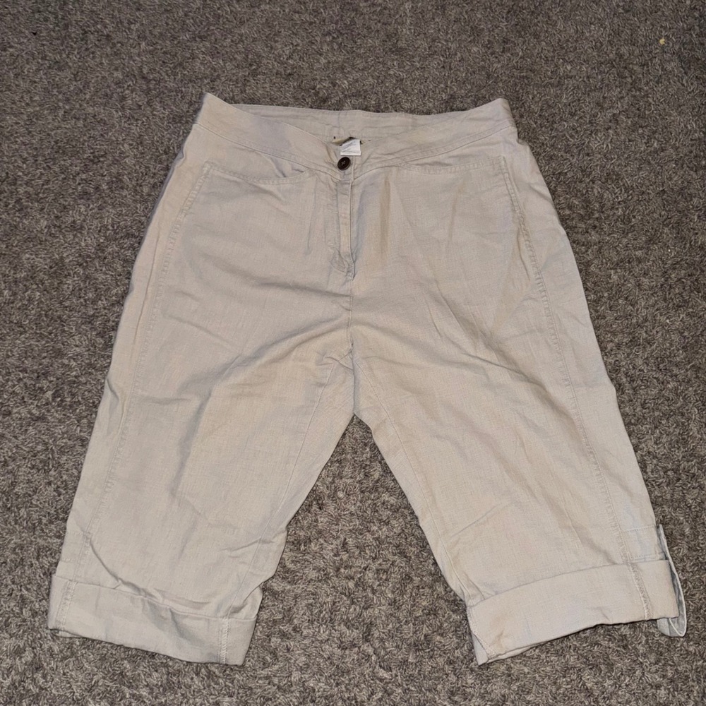 Woolrich Womens Linen Blend Capri Pants Dark Stone Beige Cuffed Crop Trousers 10